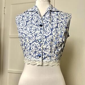 Vintage 50s Mode O’Day Eyelet Crop Top Blouse Blue White Floral Lace Rockabilly